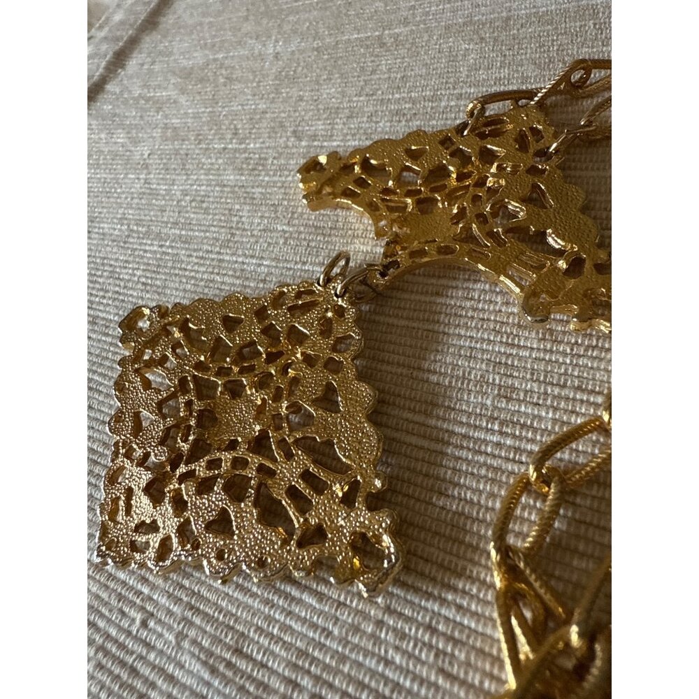 Vintage Gold-Tone Filigree Pendant Necklace With Double Cross Unique - Picture 12 of 15